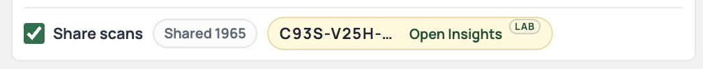 Extension showing Share scans enabled and an Open Insights access code
