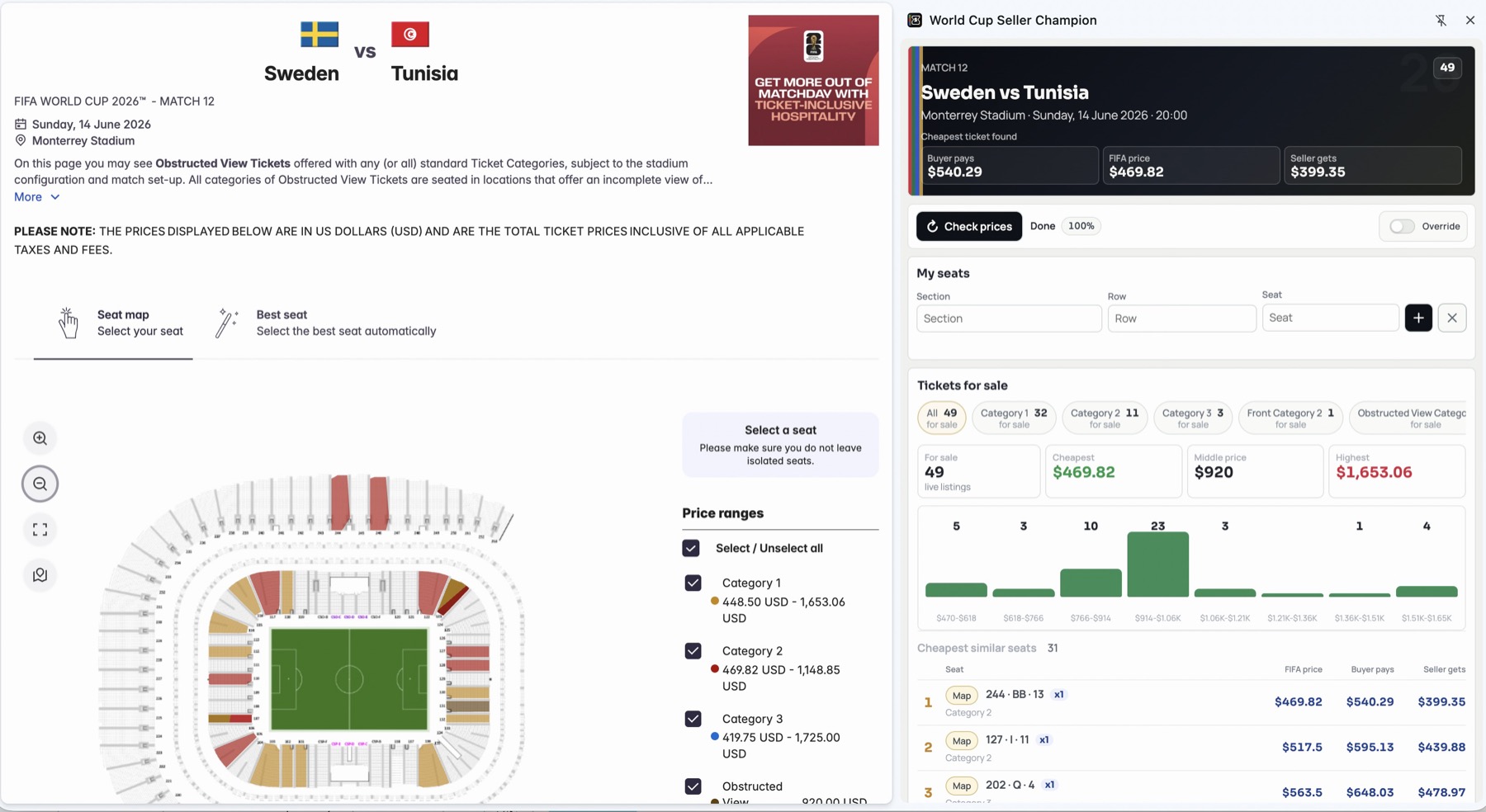 World Cup Seller Champion showing price checks and seat inputs